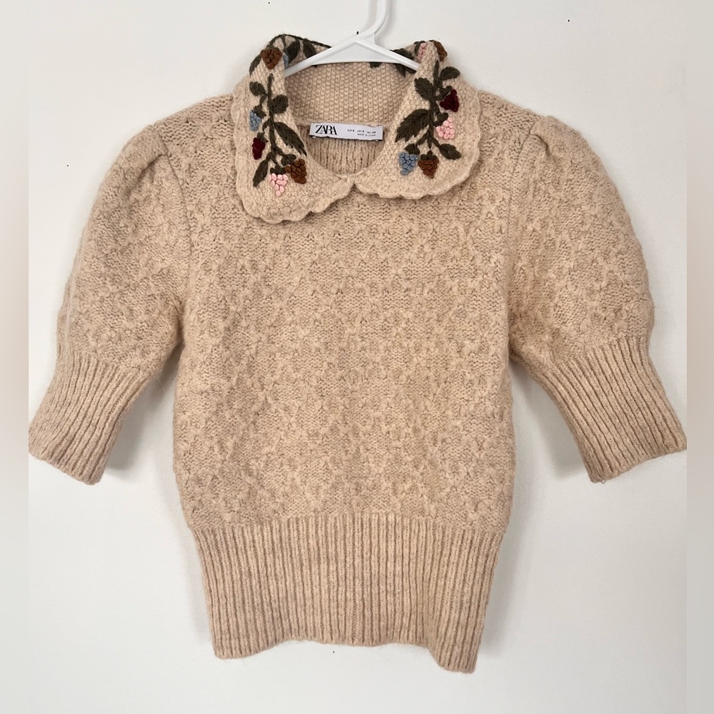 Zara Women's Beige Sweater with Embroidered Floral Collar